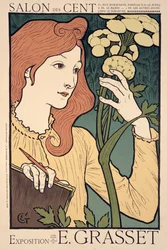 Reproduktion av en affisch som annonserar en „Utställning av verk av Eugène Grasset, på Salon des Cent“, Rue Bonaparte, Paris